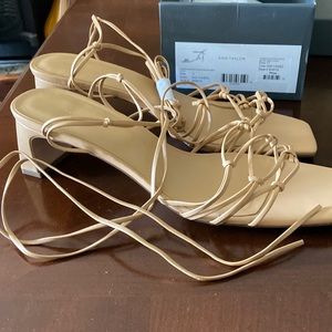 Ann Taylor lace up sandal, size 11, camel Jasmine knotted strap kitten heel.